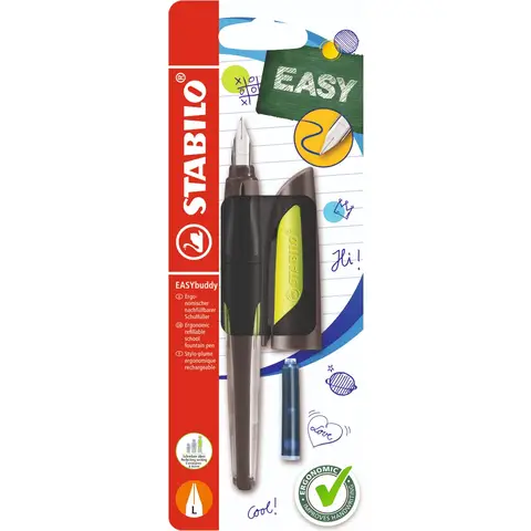 STABILO EASYbuddy - Ergonomic School Fountain Pen - L-Nib - Left-Handed - Pack of 1 - Black/Lime including Blue Ink Cartridge