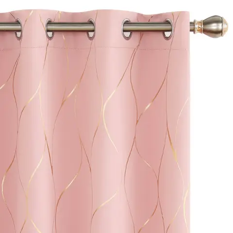 Deconovo Blackout Gold Foil Print 49665 Lines 6 White Grommet No Tie Curtain, 2Pcs W107xL214 Dream Pink