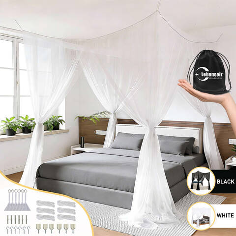 LeBonsoir Four-Sided Bed Net, Summer Mosquito Protection, Rectangular Outdoor Travel Mosquito Net, for Camping/Indoor/Outdoor/Travel Use, Bed Tent/Bed Cover/Bed Curtain, with 6 Hanging Rings and 4 Openings, White, L 210 × W 200 × H 200 cm