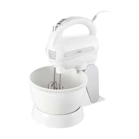 Camry CR 4213 Handmixer mit Rührschüssel, 600 W, 5 Geschwindigkeiten Turbo, Rührständer mit Knethaken und Rührhaken aus Edelstahl im Set, elektrischer Handrührer, Rührmaschine, Weiß