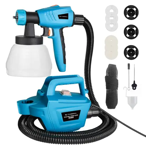 TILSWALL 800W Paint Spray System, Electric Paint Gun with 1300mL Container and 3 Nozzles and 3 Spray Patterns, Paint Sprayer with 2.5M Air Hose for Varnishes & Wall Paint, for Indoor & Outdoor Use