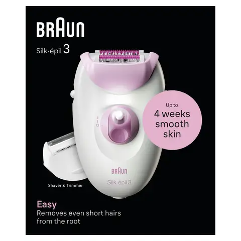Braun Silk-épil 3 3-031 Women's Corded Epilator, with Lady Shaver Head & Trimmer Comb, Pink