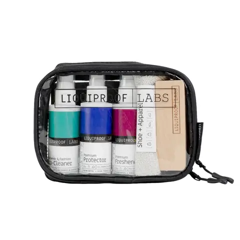 Liquiproof LABS Footwear Shoe & Fashion Care Travel Kit. Protector, cleaner, freshener, brush and cloth in a reusable zipped bag.