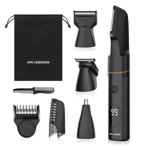 MAXGROOM Body Groomer für Herren, 7-in-1 kabelloser Body-Haartrimmer mit magnetisch austauschbaren Aufsätzen, verstellbarer Führungskamm 1–9 mm, IPX6 wasserdicht, LED-Anzeige, Ganzkörper-Pflegeset