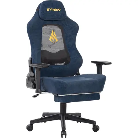 Gaming chair with breathable cut-out backrest, ergonomic PC chair with 12° tilt function, gaming armchair with 3D lumbar support, vintage PU leather 90-155°,blue