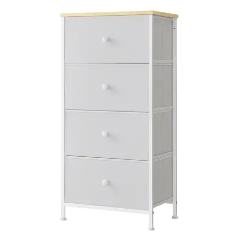 JOYFURNOS Commode en tissu pour chambre, avec 4 tiroirs, cadre en métal, blanc
