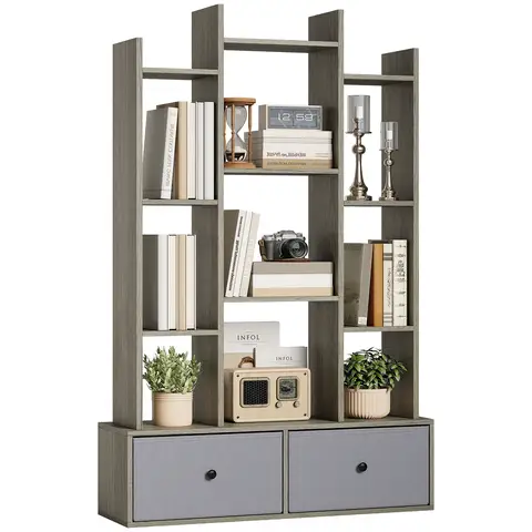 HOMCOM Tree Bookshelf, 12-Tier Floor Standing Bookcase with 2 Foldable Drawers, Freestanding Book Shelf Storage Graphite Wood