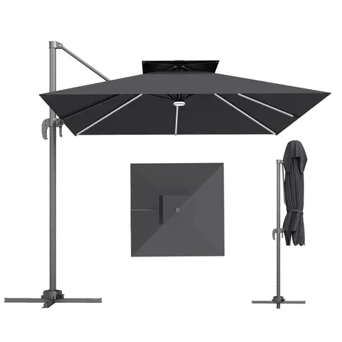 Outsunny 2.5m Cantilever Parasol with Solar Powered LED Lights, Double Top Square Overhanging Garden Parasol with 360° Rotati
