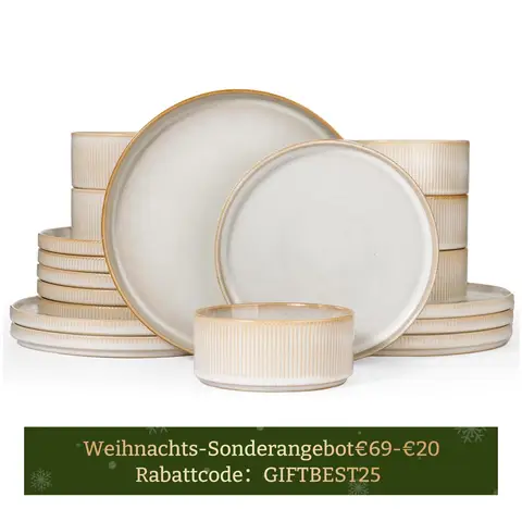 [Rabattcode: GIFTBEST25 €69-€20]  Richmount Starlight Serie Geschirr-Set - 18-teilig für 6 Personen， Keramik， mit Teller， Vorspeisenteller und Müslischalen， spülmaschinen- und mikrowellensicher， Cappuccino-Weiß