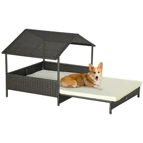 PawHut Rattan Dog House, Extendable Outdoor Wicker Dog Bed w/ Water-Resistant Roof, Removable Cushion Cream