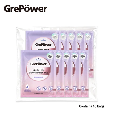 Grepower Hanging Dehumidifier Bags with Lavender Scent, 10-Pack, Effective Against Moisture and Mold, for Wardrobe/Home/Kitchen/Garage/Bedroom/Motorhome/Office/Basement