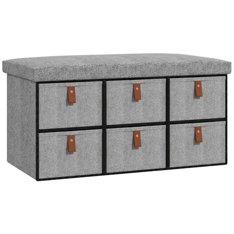 HOMCOM Shoe Bench with Seat, Shoe Storage Bench with Cushion and 6 Fabric Drawers Light Grey