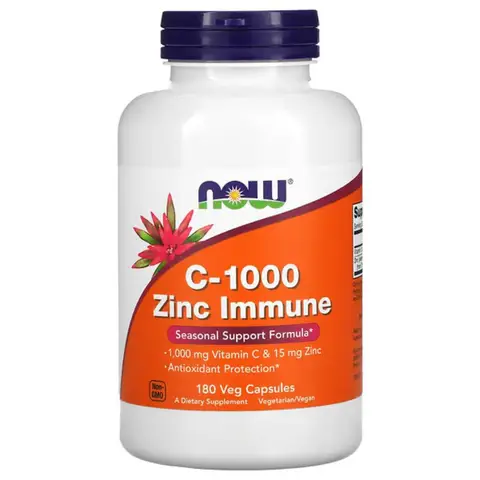 NOW Foods Vitamin C Capsules 1000 mg with Zinc Immune Support Vegan - 180 Capsules