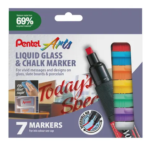 Pentel Semi-Permanent Wet-Erase Liquid Glass & Chalkboard Marker Assorted Colours Pack of 7