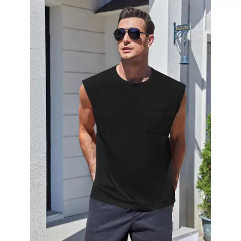 Men's Sleeveless Tank Tops Workout Cut Off Shirts Muscle Gym T Shirts with Pocket (black, M)