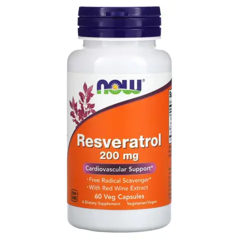 NOW Foods Resveratrol + Red Wine Extract Antioxidant 200mg Daily Wellness Support Capsules - 60 Vegan Capsules
