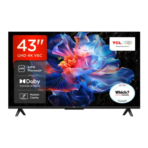 TCL 43V6C 43” Direct LED TV, 4K HDR TV, Smart TV Powered by Google TV (Dolby Vision & Atmos, Motion clarity, compatible with Google Assistant & Alexa)