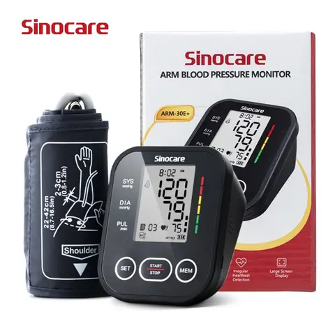 Sinocare Arm Type Electronic Blood Pressure Monitor ARM 30E Plus No Voice Black Housing Five Languages No Backlight Adult Large Cuff 1 Unit per Box 24 Units per Carton International E Commerce