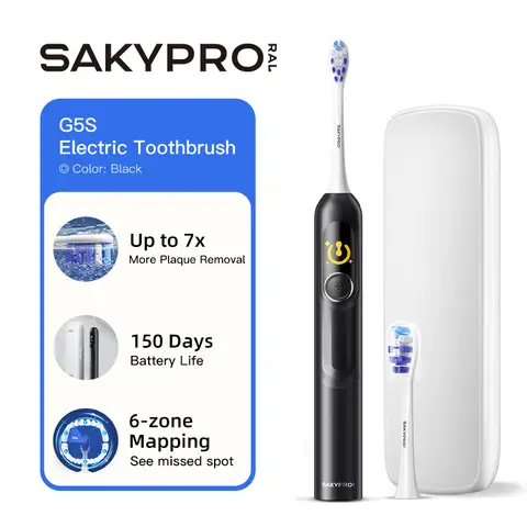 SAKYPRORAL AI Electric Toothbrush with Smart Display for Adults Kids | 150-Day Rechargeable Toothbrush, Real-Time Map |3-Min Timer, Travel Case | Teens Sonic Toothbrush Gift (G5S Black)