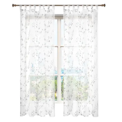 WOLTU 2er Set Vorhänge mit Schlaufen, Blumenmuster, Transparente Voiles mit Schlaufen in Leinenoptik, Deko für Wohnzimmer Fenster, Leicht und luftig, 140x225 cm, Grau