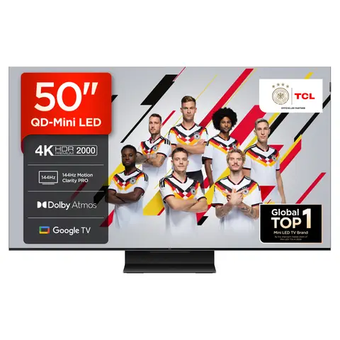 TCL 50Q7C QLED Mini LED Fernseher, 50 Zoll, 4K HDR Premium, Dolby Vision IQ & Atmos, Smart TV mit Google TV, Onkyo 2.0 Sound, 144Hz VRR, AMD FreeSync Premium Pro, HDMI 2.1, AirPlay 2, Alexa, IMAX Enhanced
