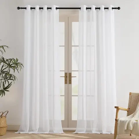 PONY DANCE Sheer Linen Look Curtains with Eyelet, 2 Panels W140 x L245cm (W55 x L96inch), White