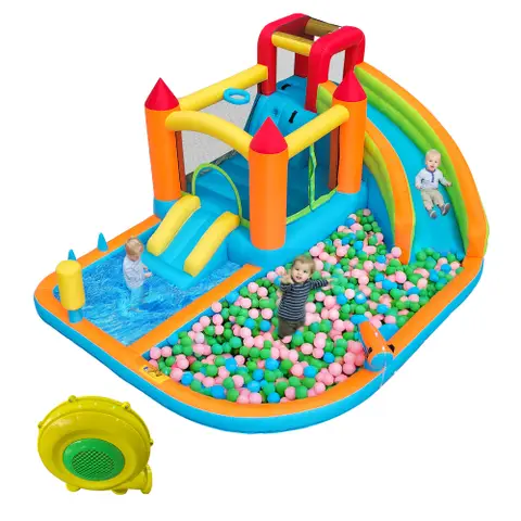 [Multifunktionale Hüpfburg für draußen] mit Gebläse, Wasserrutsche + Trampolin + Basketballkorb + Wasserspielzeug, 2 Poolbereiche, 1 große und 1 kleine Rutsche, für Trocken- und Nassnutzung, ein Wasserpark