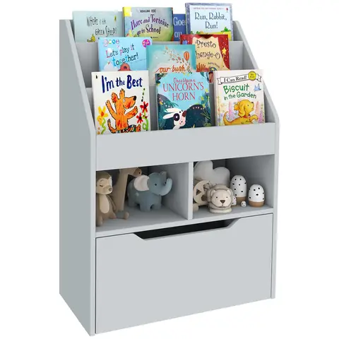 HOMCOM Kids Bookshelf with Storage Drawer, Children's Bookcase with Wheels, Toy Organiser for Bedroom, Playroom - Grey