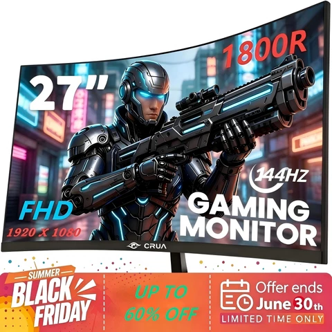 CRUA 27" Curved Gaming Monitor | FHD 1920x1080P 144Hz 1800R VA-scherm, 120% sRGB, AMD FreeSync, HDMI & DP, Wandmontage – Zwart