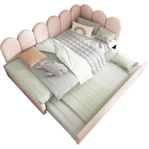 Bed 90x200 cm - Dagbed met slaapbank en stapelbed 90x190 cm - Peuterbed met lattenbodem - Velours - Roze - Matras niet inbegrepen