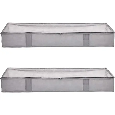 ANQI Under Bed Fabric Zipper Blanket Storage Container Bags with Window and Handles, 2-Pack, Gray