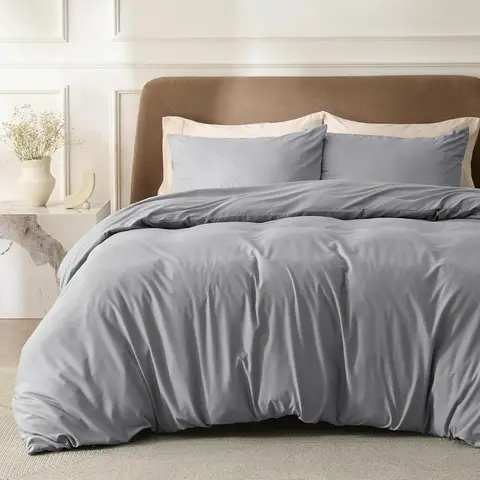 Bedsure Duvet Cover Set - Solid UK Grey, 200x200cm (1 Pc) + 50x75cm (2 Pcs), 100% Polyester