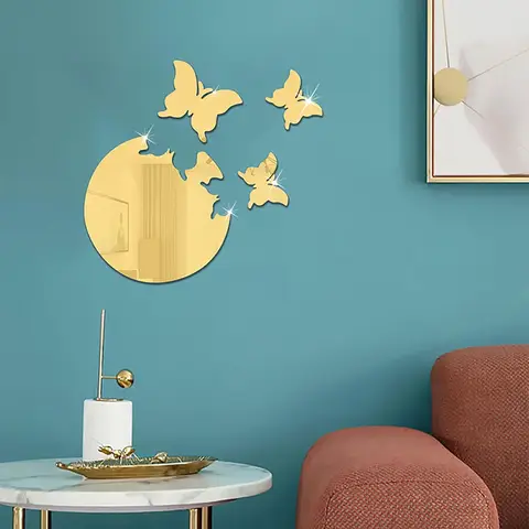 4pcs PVC mirror wall sticker with butterfly design, DIY removable butterfly sticker, suitable for living room and bedroom, 19*19 cm.gold