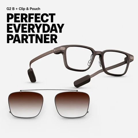 Even Realities - Even G2 B Braun (Rechteckig) + Clip & Pouch Braun Rechteckiges Bundle - Alltagsgerechte Display-Smart-Glasses mit Clip-Sonnenblende, Kamerafrei, Datenschutz-First, 2-Tage-Akku, Leistungsstarke Funktionen zur Erweiterung Ihrer Sicht und zum Ermöglichen Ihres Tages (Conversate | Übersetzen | Teleprompt | Even AI | Gesundheit | Navigation | Dashboard | Benachrichtigung | QuickList)