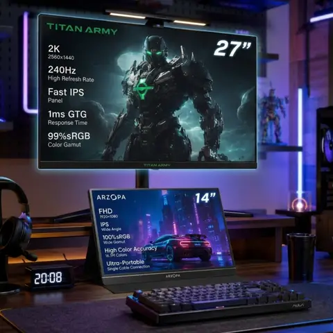 【Pack】Configuration double écran ultime : TITAN ARMY 27" 2K 240 Hz moniteur IPS rapide + ARZOPA 14" FHD moniteur portable