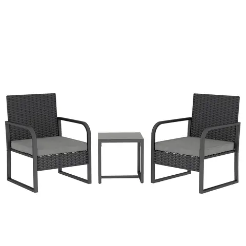 Outsunny Rattan Garden Bistro Set, 3 Piece Rattan Garden Furniture Set with Cushions, Outdoor Conversation Furniture with Glass Top Bistro Table and Chairs for Patio, Balcony, Black