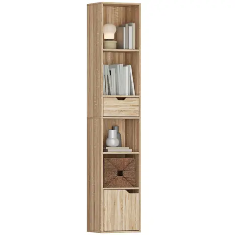 HOMCOM 6-Tier Bookcase, Tall Narrow Bookshelf with Drawer, Door, Adjustable Shelf Natural Wood Finish