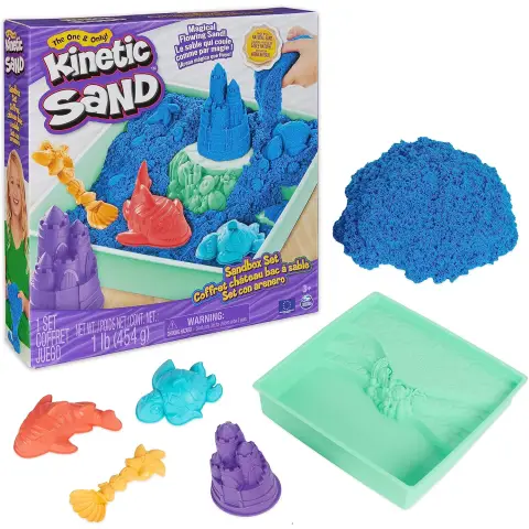 Kinetic Sand Sandkasten-Set Blau - mit 454 g originalem magischem Kinetic Sand aus Schweden, 1 Sandkasten, 3 Formen, 1 Schaufel für kreatives Indoor-Sandspiel, für Kinder ab 3 Jahren