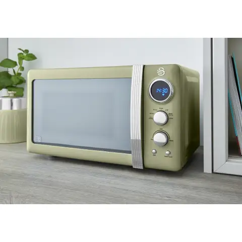 Swan SM22030LGN Retro LED Digital Microwave with Glass Turntable, 5 Power levels & Defrost Setting, 20L, 800W, Green