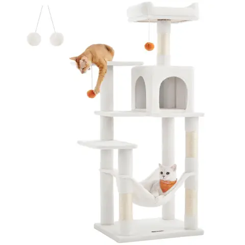 FEANDREA Cat Tree, Multi-Level Plush Cat Condo, 55x45x143cm, Cream White