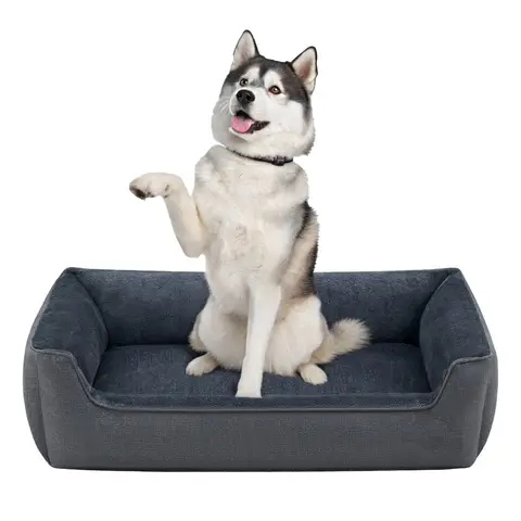 SONGMICSHOME Dog bed linen look, raised edges, non-slip bottom, removable and washable cover, XXL, 120 x 90 x 30 cm, dark grey