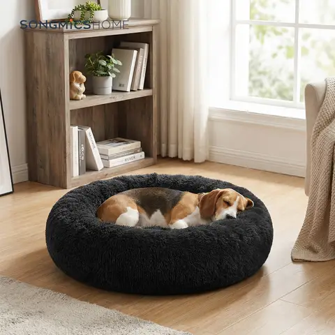 SONGMICS Plush Donut-Shaped Dog Crate Bed with Removable & Washable Cover, Black, Diameter 32 Inches x Height 8 Inches (80 x 20 cm)