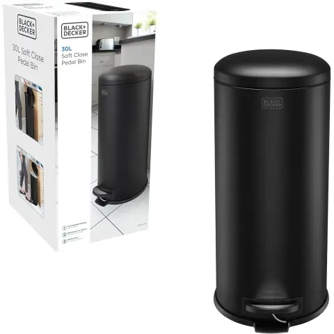 BLACK+DECKER 30L Dome Lid Pedal Bin - Matt Black