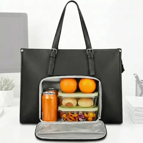 Laptop Bag Women with Insulated Lunch Compartment， Laptop Handbag 15.6 Inch， Work Bag Women Large， Briefcase Waterproof， Shopper Bag Leather， Shoulder Bag for Business， School， Black， New Year Sale ， Top gift picks