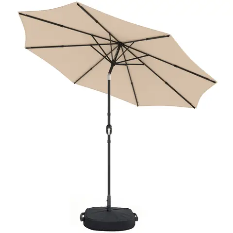 Outsunny 2.7 m Garden Parasol Umbrella with Cross Base and Sandbag, Retractable Ribs, Outdoor Table Market Patio Umbrella Sun Shade with 30 Degree Tilt and Crank, Vent, Khaki