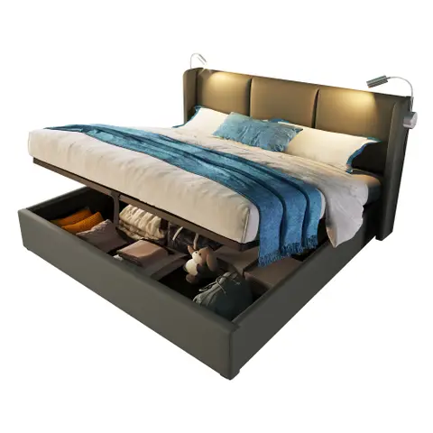 Tweepersoonsbed 140x200cm/160x200cm – Bed met opbergruimte – Boekverlichting met USB – Beige/Grijs 160x200 cm Grijs