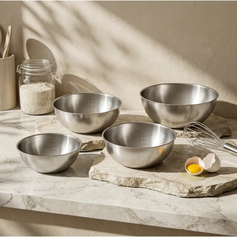 PURECOOK 304 Rolled Rim Japanese-Style Fruit Salad Bowl Collection | 4-Piece Natural Finish Salad Bowl Set