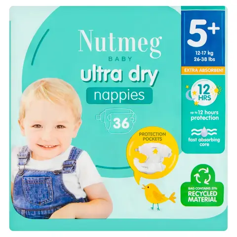 Nutmeg Baby Ultra Dry Size 5+ 13-27kg/29-60lbs 36 Nappies