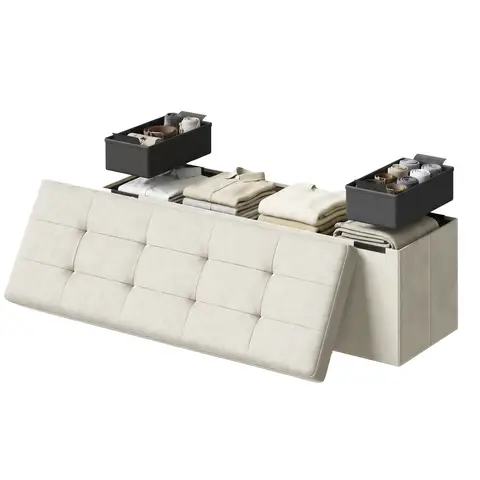 Ochama x SONGMICS Foldable Storage Ottoman Cube with Hidden Compartment, Small Footrest for Living Room, Bedroom or Entryway, White