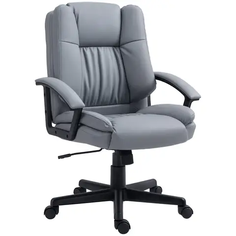 HOMCOM Desk Chair, PU Leather Office Chair with Adjustable Height and Swivel Wheels, for Home Work Study, Light Grey